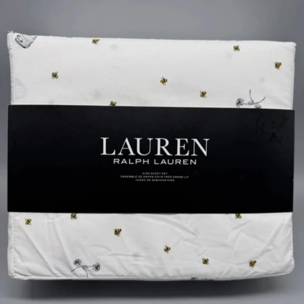 Ralph Lauren KING Sheet Set Bumble Bee Hive Flowers Cotton 18